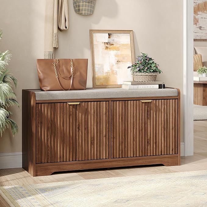 Maupvit Fluted Shoe Bench with Storage, Narrow Wooden Entryway Bench with Removable Cushion & 2 Flip-Drawers, Shoe Cabinet Bench, Farmhouse Boho Shoe Rack for Entrance, Hallway, Living Room (Walnut)