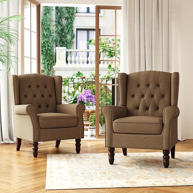 DREAMSIDEA Accent Chair, Upholstered Armchair with Button Tufted High Back & Solid Wood Legs, Comfy Wingback Reading Single Sofa Chair for Small Spaces, Living Room, Bedroom (Brown, Set of 1)