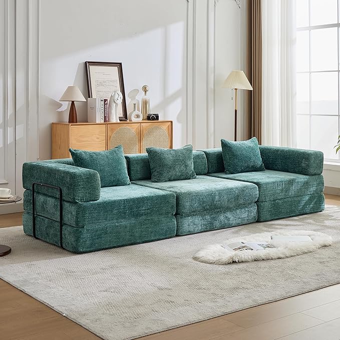 79" Convertible Sofa Bed with Pillows, Corduroy Folding Sleeper Sofa with Fixed-Shape Frame, Boneless Couch for Living Room Bedroom, Floor Sofa Lounge No Assembly Required (Modular Sofa - Green)