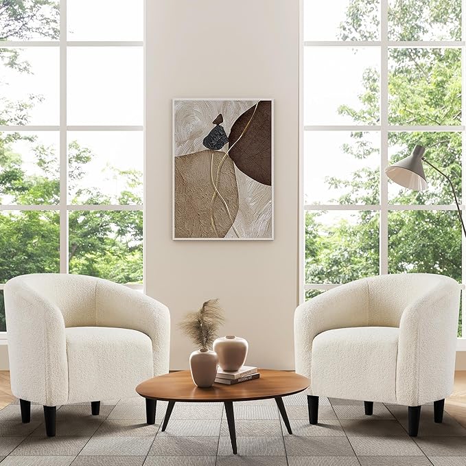 Yaheetech Barrel Chairs, Furry Accent Chairs with Soft Padded Armrest for Living Room Bedroom Waiting Room Office, Set of 2, Ivory