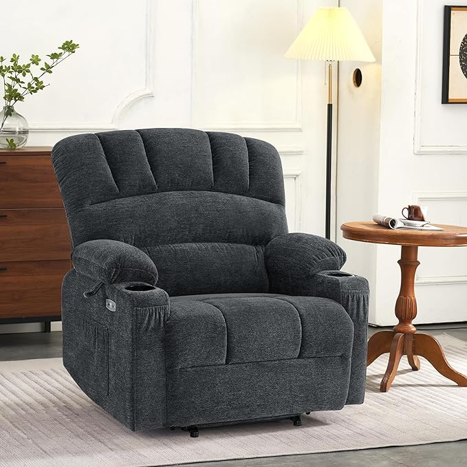 MCombo Small Power Lift Recliner Chair for Elderly, Petite Power Lift Chair with Heat and Massage for Seniors, Cup Holders, USB & Type C Ports, Fabric R7093 (Dark Grey, Small-Wide)