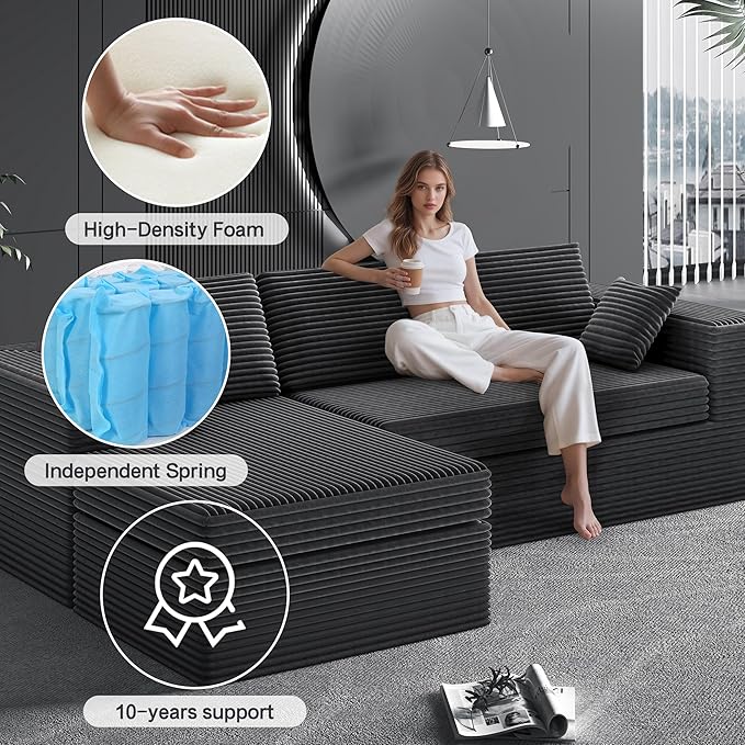 luckyvo 108-inch Boneless Couch for Living Room，Comfy Boneless Sofa with Deep Seats & Chaise Lounge, 3-Seat Modular Sofa Memory Foam Sectional Couches - No Assembly Required(Dark Grey)