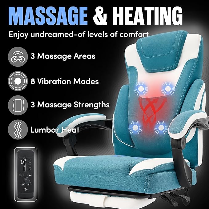 Massage Office Chair with Footrest,6-Point Vibration and Heat Executive Office Chairs,Ergonomic Desk Chair for Heavy People,500LBS Big and Tall Fabric Office Chair,Reclining Managerial Chair,Bluewhite