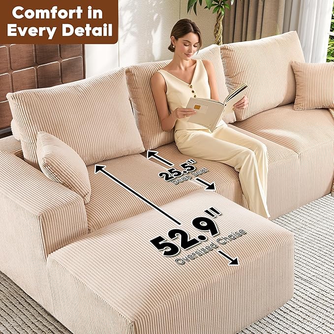 108” U-Shaped Sectional Sofa Couch with High-Seat, Corduroy Modular Cloud Sofa with Chaise ‌and Ottoman, Modern Couches for Living Room, No Assembly Require, Oatmeal