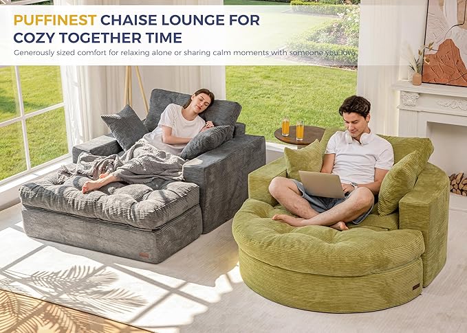 MAXYOYO Modular Sectional Chaise Lounge Sofa, 2 Sets Upholstered Lounge Chair with Ottoman, Comfy Round+ Square Couch with Layered Cushion, Tufted Sleeper Chair for Living Room, No Assembly, Green