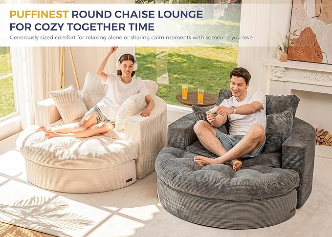 MAXYOYO Oversized Round Chaise Lounge Sofa, Upholstered Lounge Chair with 3 Pillows, Boneless Sofa Couch with Ottoman, Deep Seat Sleeper Chair for Living Room, Bedroom, No Assembly, Beige