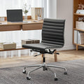 OTDMEL Armless Ribbed Office Desk Chair with Top Grain Leather, Mid Back Ergonomic Swivel Room Chair, Adjustable Height 5-Star Base, Black