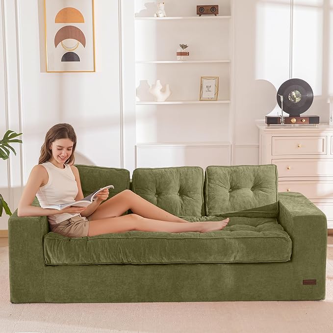MAXYOYO 3-Seater Boneless Sofa Couch, Tufted Sofa Lounge for Living Room, Comfy Bean Bag Chair High-Density Foam Couch with Pillows, No Assembly Required