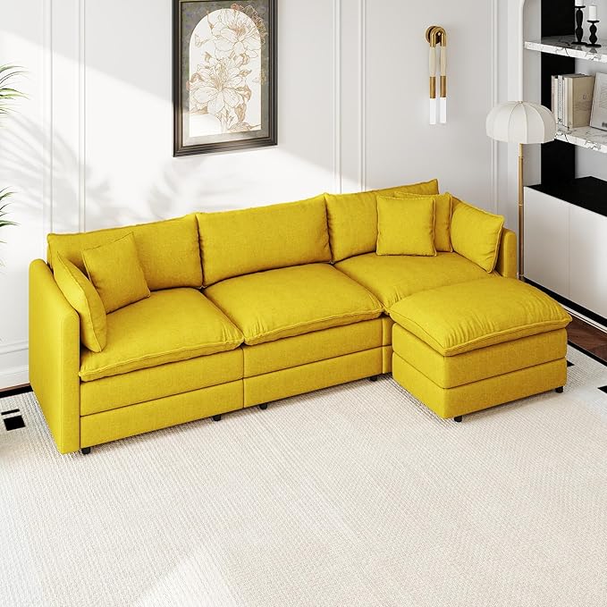 Aoowow Modular Sectional Sofa Modern Convertible L Shaped Couch,111.5 Inch Deep 3-Seater Sofas Set Comfy Chenille Cloud Sofas and Couches with Movable Ottoman for Living Room Apartment（Yellow）
