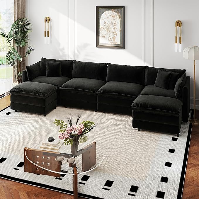 Aoowow Modular Sectional Sofa Modern Convertible U Shaped Couch,147.2 Inch Deep 4-Seater Sofas Set Comfy Chenille Cloud Sofas and Couches with Movable Ottoman for Living Room Apartment（Black）