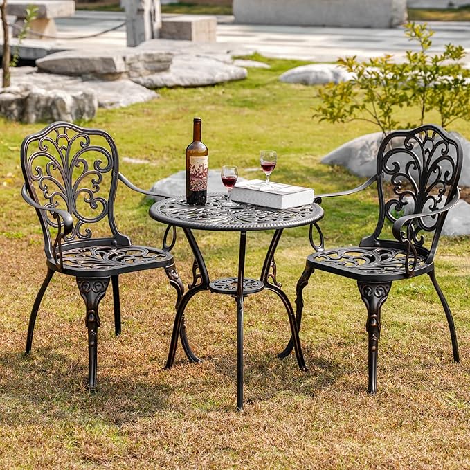 Withniture Outdoor Bistro Table and Chairs Set of 2 Cast Aluminum Patio Bistro Set with Umbrella Hole, All Weather Bistro Table Set for Garden, Suitable for All People, Bronze