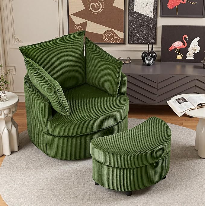 Chorlenimi Swivel Accent Chair Round Barrel Armchair Upholstered Living Room Chair Corduroy Reading Chair Single Sofa Chair for Bedroom Apartment Office (Green, Upgrade 1Seater+ Ottoman)