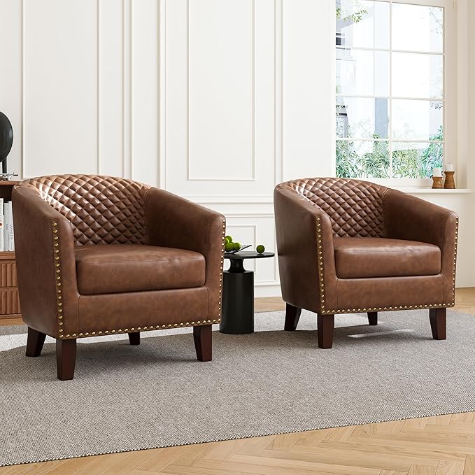 DREAMSIDEA Accent Barrel Chair, Upholstered Faux Leather Club Chair with Nailed Trim, Comfy Reading Armchair for Living Room Bedroom Reception Room Office (Brown, Set of 1)