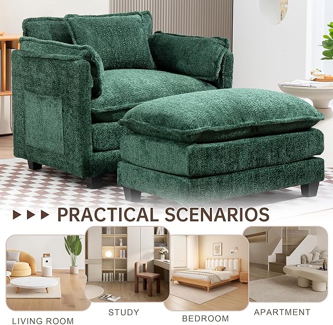 KEIKI Boucle Accent Chair with Storage & Ottoman, Oversized Reading Arm Chair w/Double Cushion, Modern Side Deep Seating Chairs Set, Corner Comfy Lounge Armchair for Living Room, Bedroom, Dark Green
