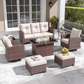 LayinSun 7 Pieces Patio Furniture Set with Swivel Chairs, Rattan Wicker Rocking Glide Chairs with 44" Propane Gas Fire Pit Table Conversation Set