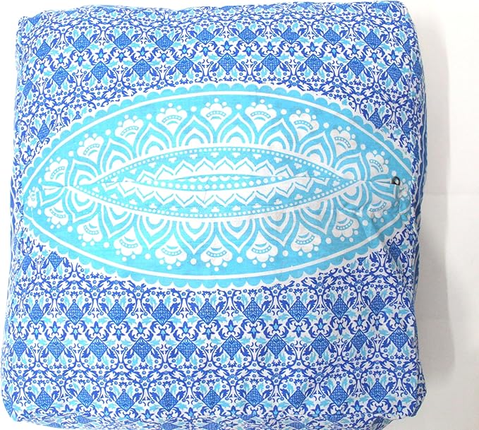 CRAFT KALA 16" Square Large Hippie Mandala Meditation Floor Ottoman Pillow Cushion Pouf Cover Square Poufs Bohemian Circle Floor Cushion Case Outdoor Fireplace Yoga Living Room Decor Cover Blue Ombre