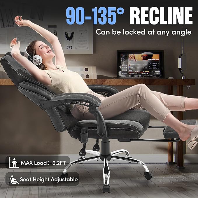 Massage Office Chair with Footrest,6-Point Vibration and Heat Executive Office Chairs,Ergonomic Desk Chair for Heavy People,500LBS Big and Tall Fabric Office Chair,BlackGrey