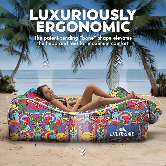 Chillbo LazyBone Inflatable Couch – Quick-Inflation Flapper System, Fun Prints, No-Pump Setup, Ripstop Polyester, Portable Air Lounger for Beach, Camping, Festivals, & Hiking