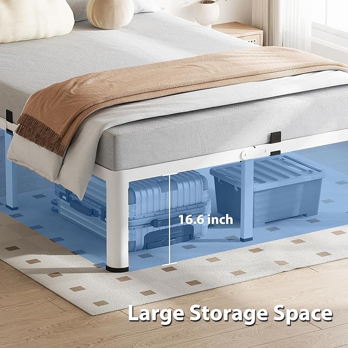 VIPSHOW 18 Inch Full Size White Bed Frame, 3500Lbs Heavy Duty Metal Platform with Round Corner Legs Mattress Slide Stopper, Steel Slat Support No Box Spring Needed, Noise Free, Non-Slip, Easy Assembly