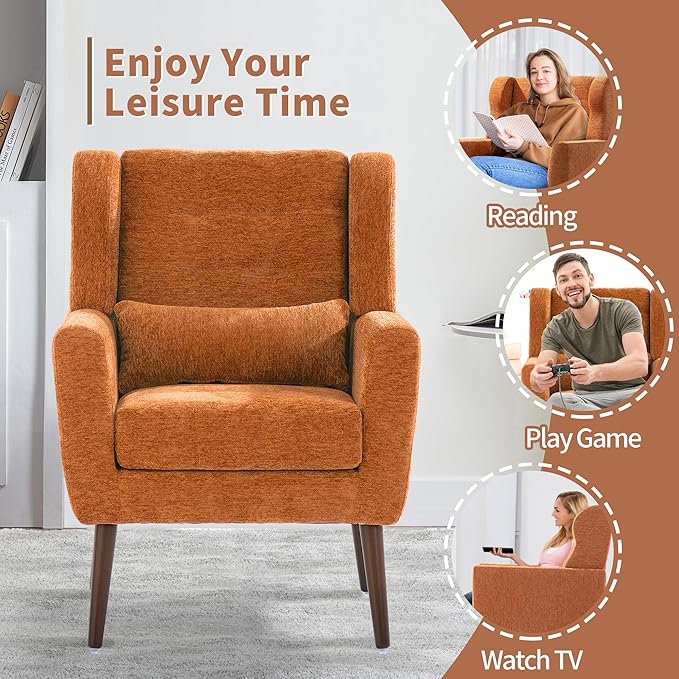 CHSICFOR Modern Accent Chair, Upholstered Arm Chair with Waist Pillow, Single Sofa Chair for Living Room Bedroom Small Spaces (Orange)