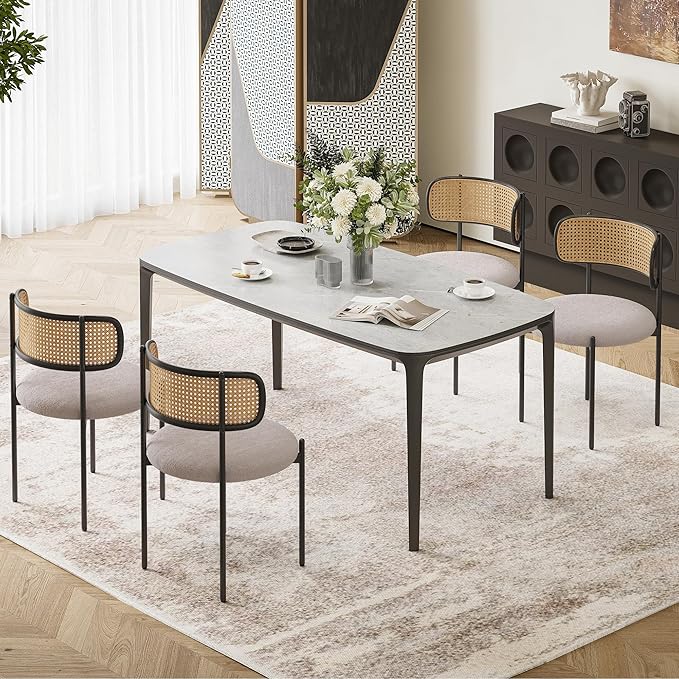 Farini Dining Chairs Set of 4,Mid-Century Modern Kitchen Chair Rattan Backrest Round Upholstered Sherpa Dining Chairs with Metal Legs,Light Grey