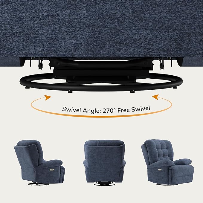 COLAMY Floren Power Swivel Recliner Chair with USB & Type-c Charge, Oversized and Padded Upholstered Deep Seat and Armrest, Rocking Recliner with Double Storage Pockets, Blue