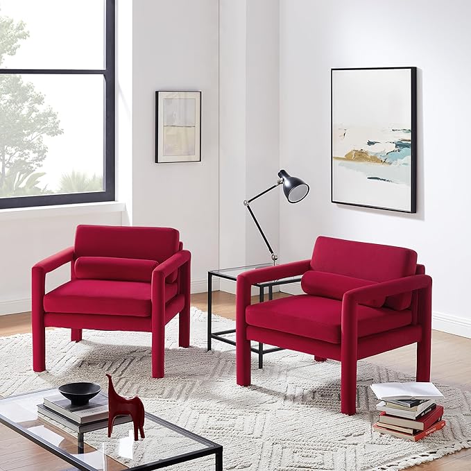 Art Leon Modern Accent Chair, Velvet Upholstered Arm Chair with Pillow, Single Sofa Chair for Living Room Bedroom, Red