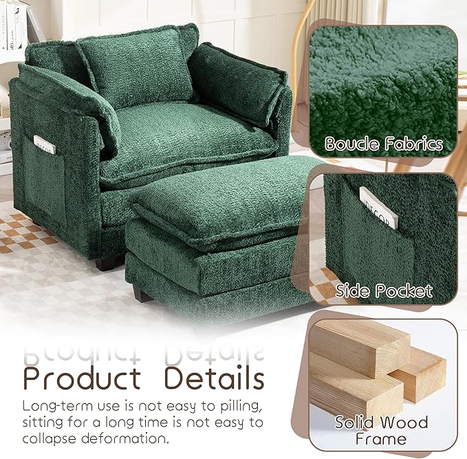 KEIKI Boucle Accent Chair with Storage & Ottoman, Oversized Reading Arm Chair w/Double Cushion, Modern Side Deep Seating Chairs Set, Corner Comfy Lounge Armchair for Living Room, Bedroom, Dark Green