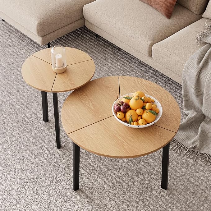 SUNBURY Coffee Table Nesting Wood Set of 2, Round Coffee Table 23.6", Side Tables for Living Room Bedroom Balcony Yard