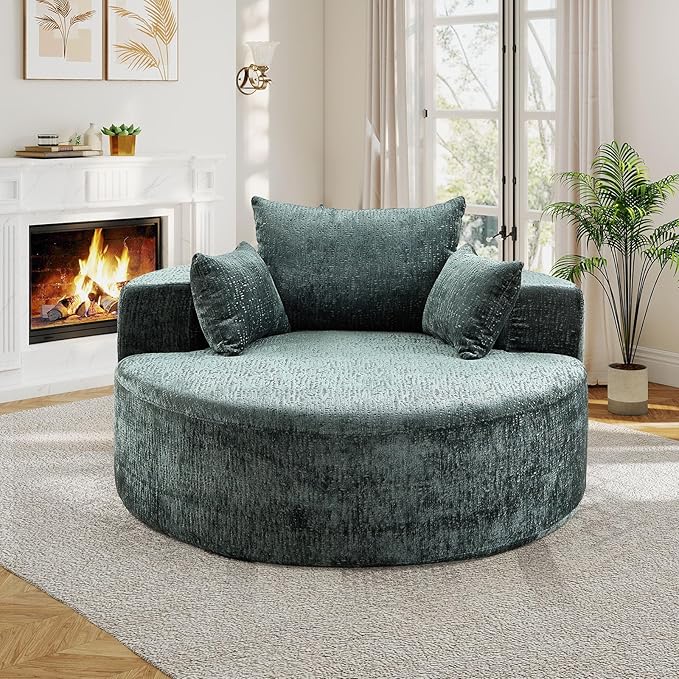 55"W Oversized Round Chair Lounge Chaise Indoor, Upholstered Comfy Circle Sofa Armchair, Modern Cozy Boneless Foam Floor Reading Chair for Living Room, Bedroom, No Assembly Required(Chenille, Green)