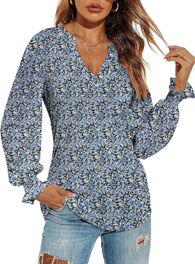 Romanstii Women's Casual V-Neck T-Shirts Loose Puff Long Sleeve Tops Tunic Blouses