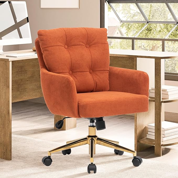 BALIAA Flannel Office Chair, Comfy Home Office Desk Chairs with Lumbar Support, Modern Velvet Desk Chair Gold Legs Small Swivel Task Chair for Home Office, Bedroom, Study (Orange, L)