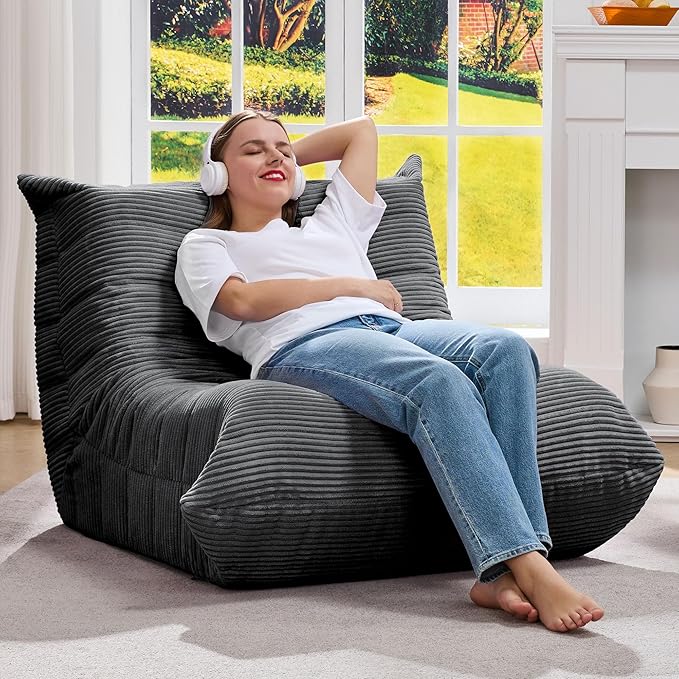 Bean Bag Chairs for Adults Giant Bean Bag Chair Memory Foam BeanBag Chair Bean Bag Sofa with Filler Faux Fur Fireside Beanbags Lazy Sofa for Living Room Bedroom Office (Grey Corduroy, Single)