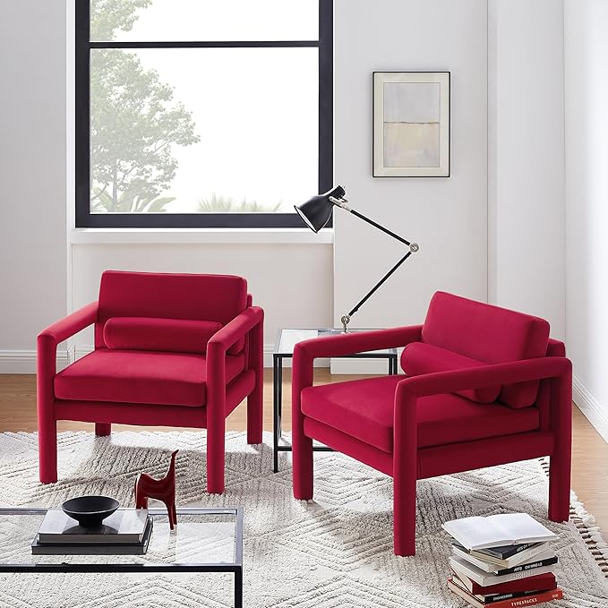 Art Leon Modern Accent Chair, Velvet Upholstered Arm Chair with Pillow, Single Sofa Chair for Living Room Bedroom, Red