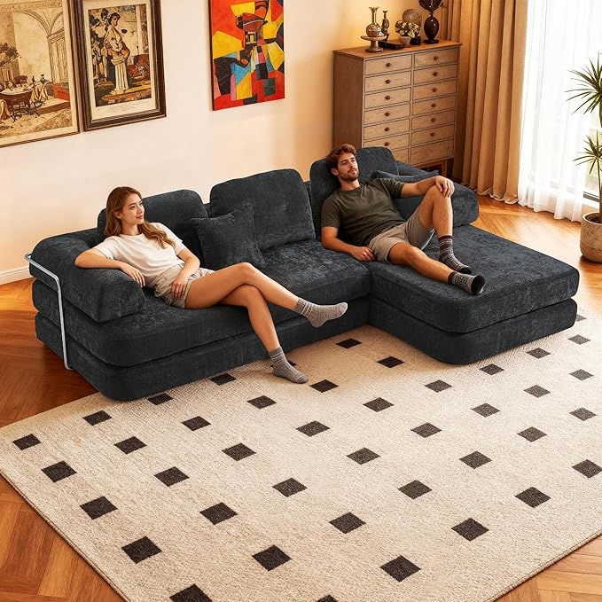 SUYOLS L Shaped 104" Modular Sectional Sofa Bed with Pillows, 8-in-1 Convertible Couch, Sturdy Stainless Steel Frame,Removable Washable Cover,High Resilience Sponge,for Living Room,Apartment,Dark Gray