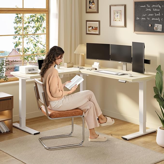 SANODESK L Shaped Electric Standing Desk with Drawer, 71 Inch Ergonomic Adjustable Height Desk with Storage, Corner Desk Sit Stand up Computer Table for Work Office Home, Maple