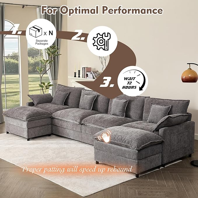 GOSUHI 142.5" U Shaped Couch, Modular Sectional Sofa, 3-Seater Comfy Cloud Couch with Movable Ottoman, Deep Seat Couches for Living Room, Chenille, Slate