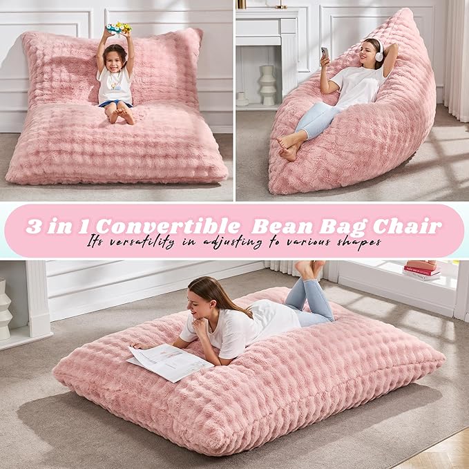 Hobestluk 3 in 1 Bean Bag Chair Giant Bean Bag Chairs for Adults with Bubble Cover Convertible Bean Bag Floor Cushion with Machine Washable Cover for Living Room (Bubble Pink)