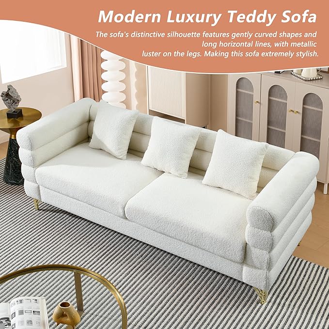 mikibama Modern Teddy Sectional Sofa, 81 Inch Oversized Sofa Couch, Luxury 3 Seater Deep Couch with 3 Pillows and Gold Metal Legs for Living Room, Bedroom, Apartment (White)