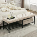 SOFTHION 55.5" End of Bed Bench, Modern Chenille Button Tufted Bedroom Bench, Upholstered Storage Shoe Bench with Metal Base, Dinning Table Bench for Living Room, Bedroom, Entryway, Light Brown