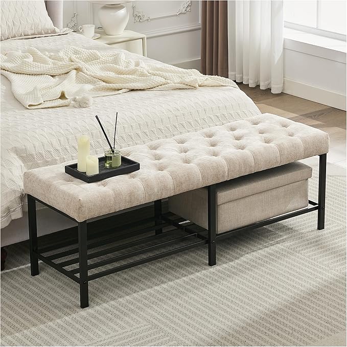 SOFTHION 55.5" End of Bed Bench, Modern Chenille Button Tufted Bedroom Bench, Upholstered Storage Shoe Bench with Metal Base, Dinning Table Bench for Living Room, Bedroom, Entryway, Light Brown