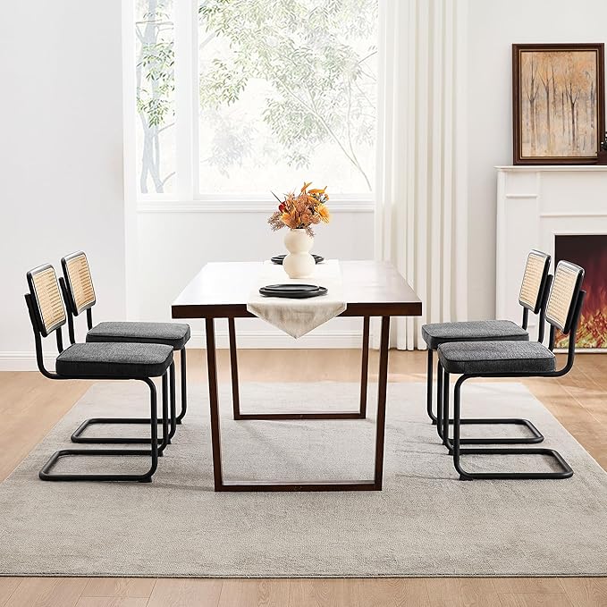 Zesthouse Natural Rattan Dining Chairs Set of 4, Mid Century Modern Dining Chairs with Solid Wood Back & Black Matte Base for Kitchen, Breuer Design Inspired, Upholstered Linen Fabric, Dark Grey
