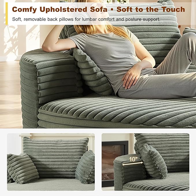 55'' Oversized Round Boneless Chaise Lounge Chair Indoor, Upholstered Corduroy Deep Seat Cloud Large Circle Sofa Couches Bed Corduroy Modern Floor No Assembly Sleeper Bed for Living Room, Bedroom