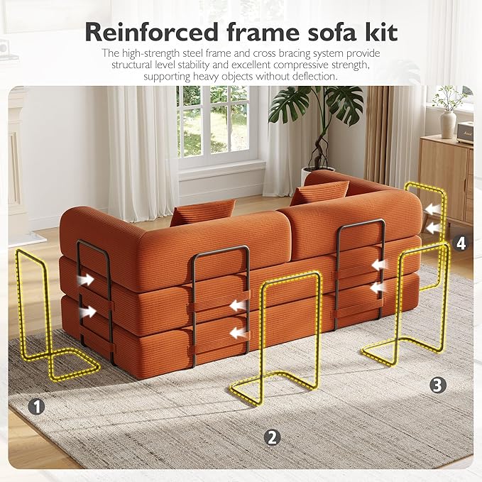 79 Inch 5-in-1 Convertible Sofa Bed, Corduroy Boneless Floor Couch with Fixed Frame & Pillow, Modular Folding Mattress Lounger for Small Space, Living Room, Bedroom - Easy Assembly(Orange)