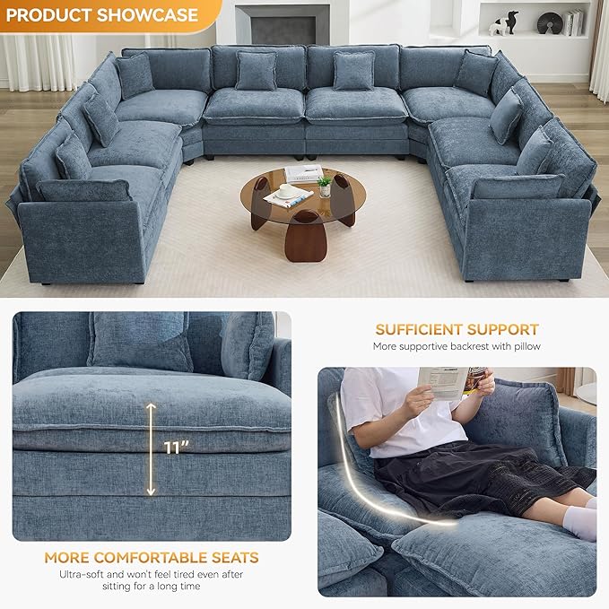 147'' Oversized U Shaped Cloud Sectional Sofa, Chenille Deep Seat Couches for Living Room, Comfy Upholstered Modular Sectional Sofa Couch, Blue