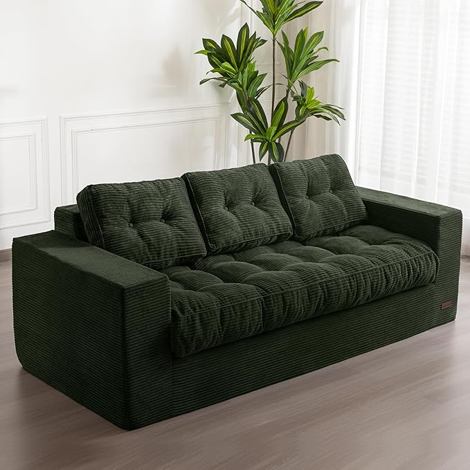 MAXYOYO 3 Seater Couch for Living Room, Boneless Couch with Tufted Cushion & Backrest, Upholstered Floor Sofa with Armrests, Sofa in A Box, No Assembly Required, Dark Green