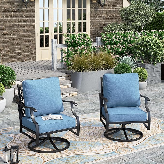 HERA'S HOUSE Outdoor Chairs Set of 2, 2 x Patio Chair with Navy Blue Cushions, All Weather Outdoor Furniture for Lawn Garden Backyard Deck(Swivel Chairs)