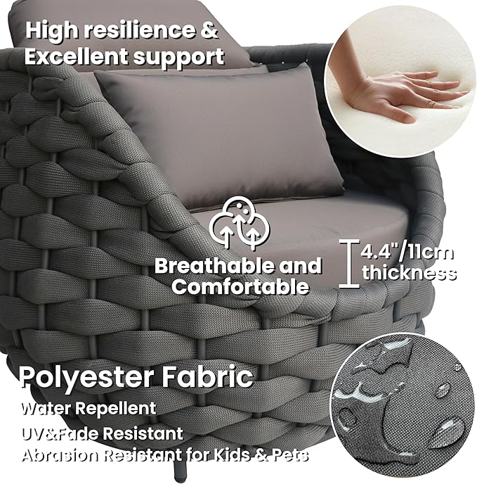 Erotr Balcony Furniture Set for Apartments: 4 Pieces Aluminum Woven Rope Patio Conversation Set - Modern Cushioned Lounge Chair Set - Assembled Porch Armchair for 400lbs Garden Lanai Hotel, Dark Grey