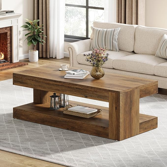 Tribesigns Coffee Table for Living Room, 47.24 Inch Farmhouse 2-Tier Accent Center Tea Cocktail Table with Storage, Brown, Rectangle