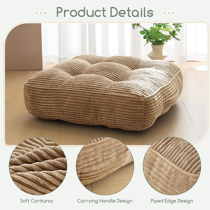 6" Washable Floor Pillow Cushion for Adults, Meditation Cushion Pillow, Large Square Floor Sitting, Removable Tufted Corduroy Cover, for Tatami Living Room or Yoga, 22x22 Inch, Machine Washable